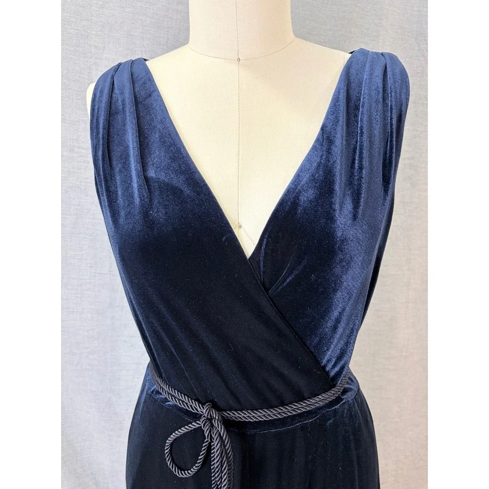 Eliza J Navy Velvet Wide Leg Formal‎ Jumpsuit Tassel Belt Size 12